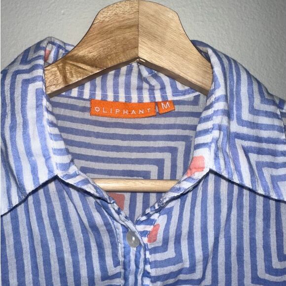 Oliphant Blue White Geometric Cotton Popover Tunic Top Roll Tab Sleeve Medium - Picture 2 of 6